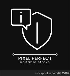 Reliable information pixel perfect white linear icon for dark theme. Data privacy. Trustful info sources. Thin line illustration. Isolated symbol for night mode. Editable stroke. Poppins font used. Reliable information pixel perfect white linear icon for dark theme