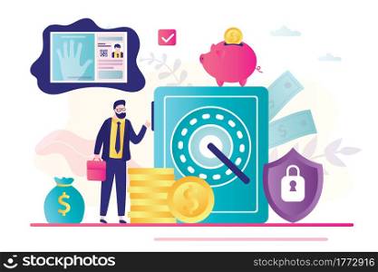 Reliable protection of finances and deposits. Fingerprint identification. Steel safe and businessman with money. Strongbox, piggy bank and security shield.Happy male investor. Flat vector illustration. Reliable protection of finances and deposits. Fingerprint identification. Steel safe and businessman with money. Strongbox