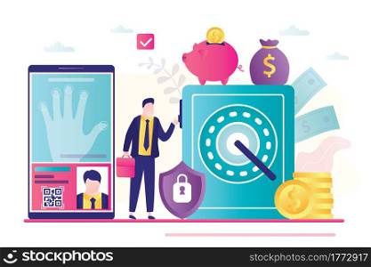 Reliable protection of finances. Fingerprint identification. Steel safe, businessman with money. Smartphone application for security control. Strongbox, piggy bank and security shield. Flat Vector. Reliable protection of finances. Fingerprint identification. Steel safe, businessman with money. Smartphone application for security control.