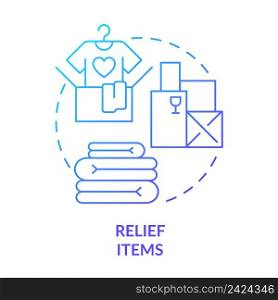 Relief items blue gradient concept icon. Provide necessary goods. Humanitarian aid. Way to help refugees abstract idea thin line illustration. Isolated outline drawing. Myriad Pro-Bold font used. Relief items blue gradient concept icon
