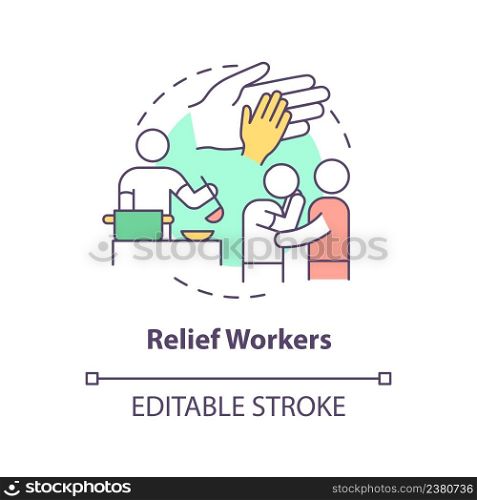 Relief workers concept icon. Government assistance type abstract idea thin line illustration. Disaster relief employees. Isolated outline drawing. Editable stroke. Arial, Myriad Pro-Bold fonts used. Relief workers concept icon