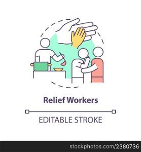 Relief workers concept icon. Government assistance type abstract idea thin line illustration. Disaster relief employees. Isolated outline drawing. Editable stroke. Arial, Myriad Pro-Bold fonts used. Relief workers concept icon
