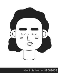 Relieved lady with closed eyes monochromatic flat vector character head. Editable black white cartoon face emotion. Hand drawn lineart ink spot illustration for web graphic design, animation. Relieved lady with closed eyes monochromatic flat vector character head