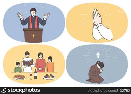 Religion and spirituality routine concept. Set of young priest during speech human hands in pray young judish family before dinner and young non sitting talking to god vector illustration. Religion and spirituality routine concept