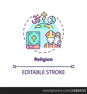 Religion concept icon. Belief and worship. Social-cultural system. Social institution abstract idea thin line illustration. Isolated outline drawing. Editable stroke. Arial, Myriad Pro-Bold fonts used. Religion concept icon