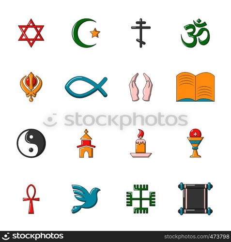Religion icons set. Cartoon illustration of 16 religion vector icons for web. Religion icons set, cartoon style