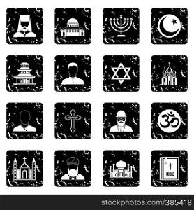 Religion icons set. Grunge illustration of 16 religion vector icons for web. Religion icons set, grunge style