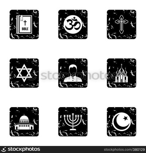 Religion icons set. Grunge illustration of 9 religion vector icons for web. Religion icons set, grunge style