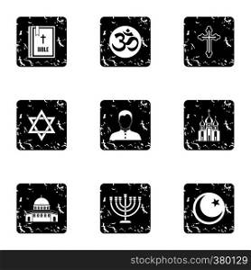 Religion icons set. Grunge illustration of 9 religion vector icons for web. Religion icons set, grunge style