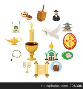Religion icons set in cartoon style isolated on white background. Religion icons set, cartoon style