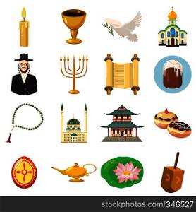 Religion icons set in cartoon style isolated on white background. Religion icons set, cartoon style
