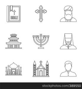 Religion icons set. Outline illustration of 9 religion vector icons for web. Religion icons set, outline style