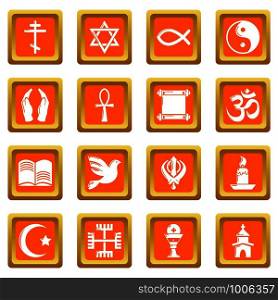 Religion icons set vector orange square isolated on white background . Religion icons set orange square vector