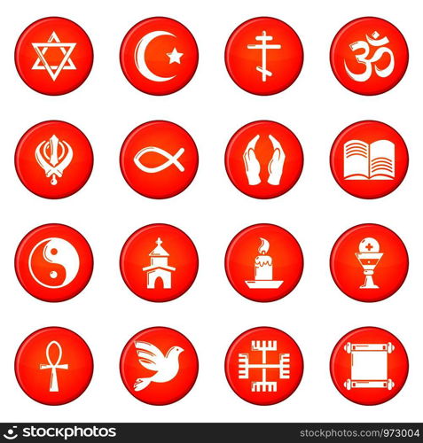 Religion icons set vector red circle isolated on white background . Religion icons set red vector