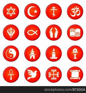 Religion icons set vector red circle isolated on white background . Religion icons set red vector