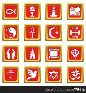Religion icons set vector red square isolated on white background . Religion icons set red square vector