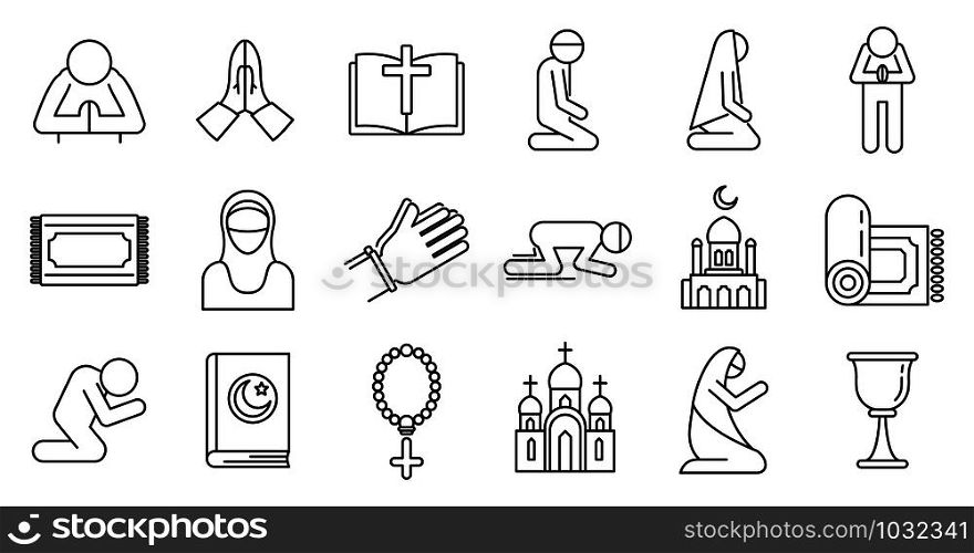 Religion prayer icons set. Outline set of religion prayer vector icons for web design isolated on white background. Religion prayer icons set, outline style