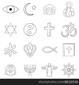 Religion set icons in outline style isolated on white background. Religion icon set outline