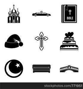Religion sign icons set. Simple set of 9 religion sign vector icons for web isolated on white background. Religion sign icons set, simple style