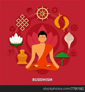 Religions flat and colored composition with Buddhism main features of the religion vector illustration. Religions Flat And Colored Composition