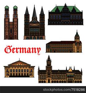 Religious and cultural landmarks of german architecture icon with Bonn Cathedral, Bremen Town Hall and National Theatre, New Town Hall, St. Peter Church and Frauenkirche Cathedral. Architectural travel landmarks of Germany