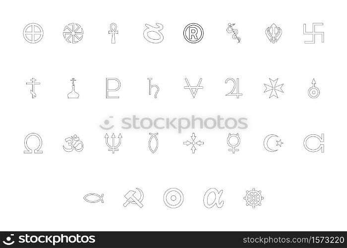 Religious and international symbol black color set outline style vector illustration. Religious and international symbol black color set outline style image