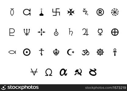 Religious and international symbol black color set solid style vector illustration. Religious and international symbol black color set solid style image