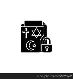 Religious beliefs information black glyph icon. Religious freedom. Secure sensitive personal data. Anti-discrimination law. Silhouette symbol on white space. Vector isolated illustration. Religious beliefs information black glyph icon