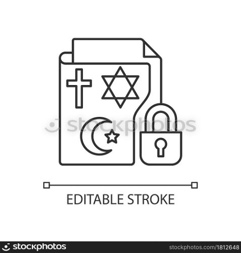 Religious beliefs information linear icon. Religious freedom. Secure sensitive personal data. Thin line customizable illustration. Contour symbol. Vector isolated outline drawing. Editable stroke. Religious beliefs information linear icon