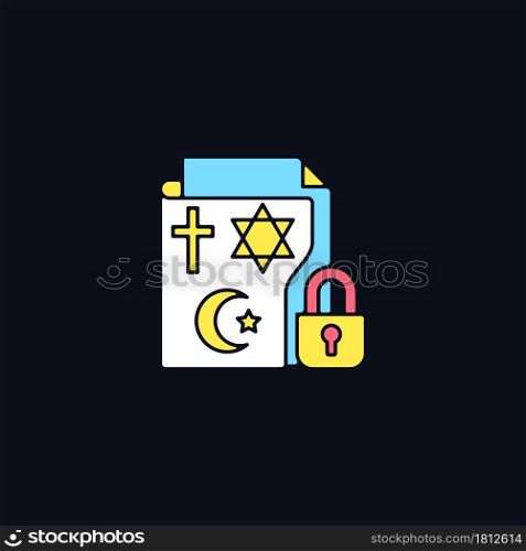 Religious beliefs information RGB color icon for dark theme. Religious freedom. Secure sensitive data. Isolated vector illustration on night mode background. Simple filled line drawing on black. Religious beliefs information RGB color icon for dark theme
