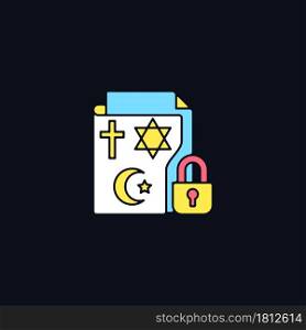 Religious beliefs information RGB color icon for dark theme. Religious freedom. Secure sensitive data. Isolated vector illustration on night mode background. Simple filled line drawing on black. Religious beliefs information RGB color icon for dark theme
