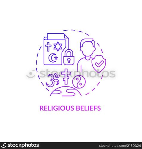 Religious beliefs purple gradient concept icon. Sensitive data. Protect information abstract idea thin line illustration. Isolated outline drawing. Roboto-Medium, Myriad Pro-Bold fonts used. Religious beliefs purple gradient concept icon
