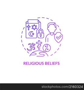 Religious beliefs purple gradient concept icon. Sensitive data. Protect information abstract idea thin line illustration. Isolated outline drawing. Roboto-Medium, Myriad Pro-Bold fonts used. Religious beliefs purple gradient concept icon
