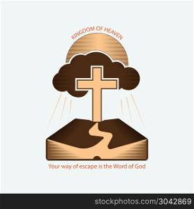 Religious Christian Logo. Religious Christian logo with the image of the Bible, the sun, clouds, rays and the Christian cross. Vector illustration is drawn in gray tones.