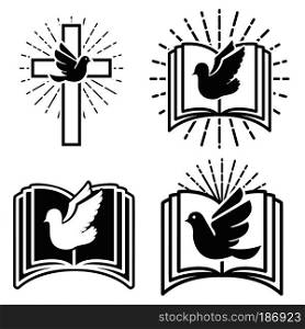 Religious community. Emblem template with dove and Holy Bible. Holy Spirit. Vector illustration
