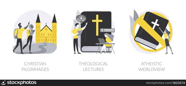 Religious doctrine abstract concept vector illustration set. Christian pilgrimages, theological lectures, atheistic worldview, church fathers, monks in monastery, prayer to god abstract metaphor.. Religious doctrine abstract concept vector illustrations.