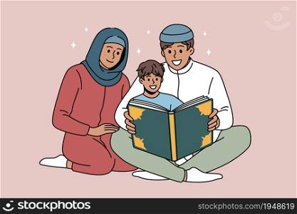Religious education and islam concept. Happy young arab family father mother and son sitting on floor and reading koran book vector illustration. Religious education and islam concept.