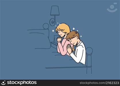 Religious education and pray concept. Two children kids brother and sister with eyes closed standing at bed and praying before going to sleep vector illustration . Religious education and pray concept