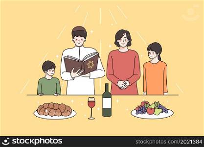 Religious education and spirituality concept. Jew family with children standing with religion book praying all together before meal vector illustration . Religious education and spirituality concept.
