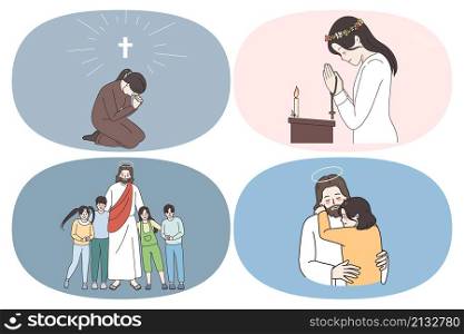 Religious education and spirituality concept. Set of young non sitting talking to god woman prayer in church group of children with jesus christ vector illustration. Religious education and spirituality concept