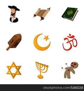 Religious faith icons set. Cartoon illustration of 9 religious faith vector icons for web. Religious faith icons set, cartoon style