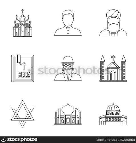 Religious faith icons set. Outline illustration of 9 religious faith vector icons for web. Religious faith icons set, outline style