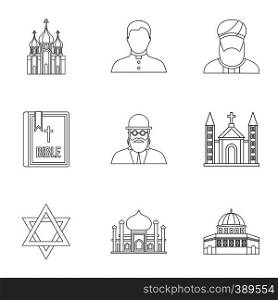Religious faith icons set. Outline illustration of 9 religious faith vector icons for web. Religious faith icons set, outline style