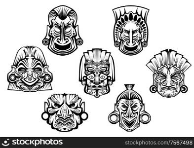Religious masks in ancient tribal style isolated on white for religious, tattoo or historical design