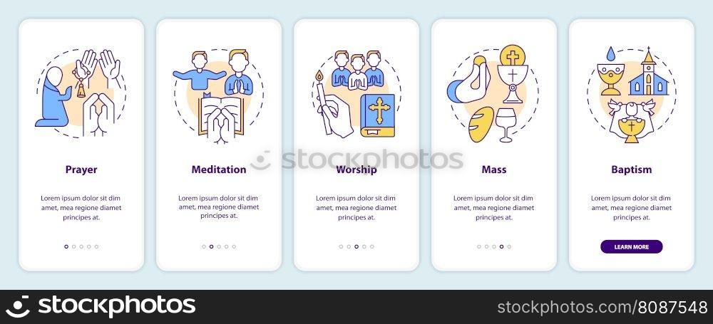Religious practices onboarding mobile app screen. Worshiping walkthrough 5 steps editable graphic instructions with linear concepts. UI, UX, GUI template. Myriad Pro-Bold, Regular fonts used. Religious practices onboarding mobile app screen