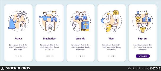 Religious practices onboarding mobile app screen. Worshiping walkthrough 5 steps editable graphic instructions with linear concepts. UI, UX, GUI template. Myriad Pro-Bold, Regular fonts used. Religious practices onboarding mobile app screen