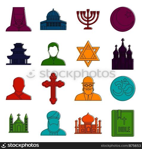 Religious symbol icons set. Doodle illustration of vector icons isolated on white background for any web design. Religious symbol icons doodle set