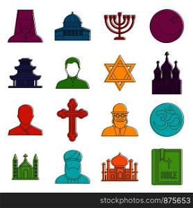 Religious symbol icons set. Doodle illustration of vector icons isolated on white background for any web design. Religious symbol icons doodle set