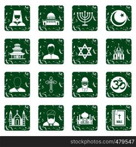 Religious symbol icons set in grunge style green isolated vector illustration. Religious symbol icons set grunge