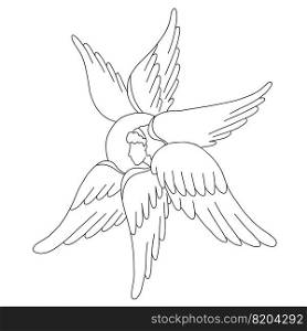 Religious symbol six winged Angel cherub. Vector illustration. Line drawing outline. heavenly character For design and decoration of religious concepts